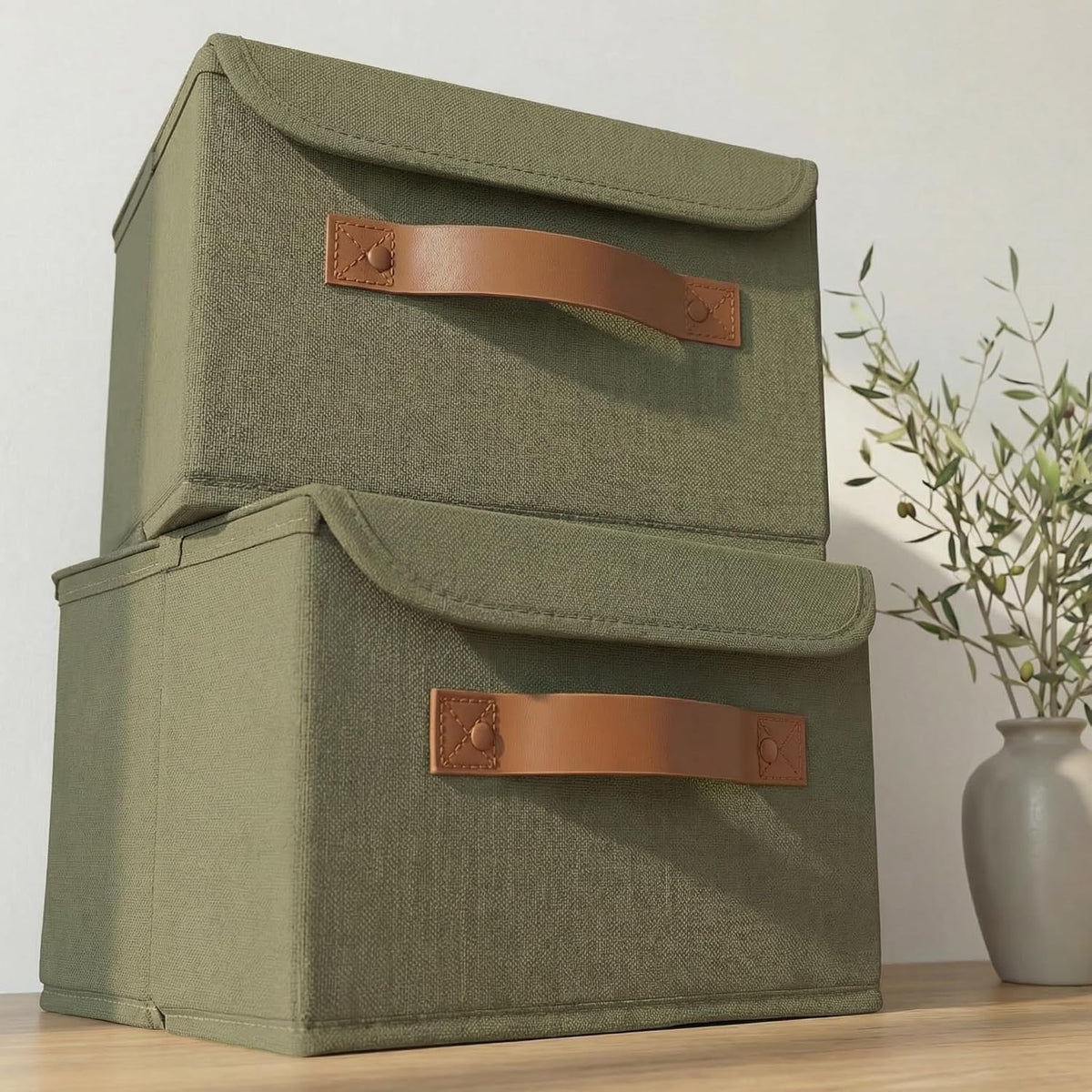 Decorative Linen Storage Boxes with Lids - Spacious Set of 2 Organizer Bins