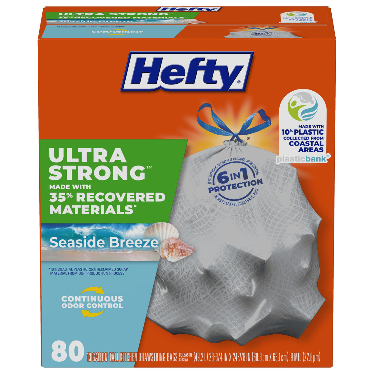 Hefty Ultra Strong Recovered Materials 13 Gallon Kitchen Trash Bags, 80ct