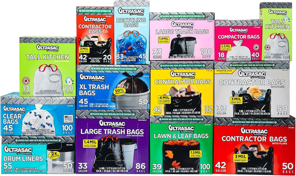 Ultrasac Black Heavy Duty Drawstring Trash Bags 33 Gallon, Pack of 86