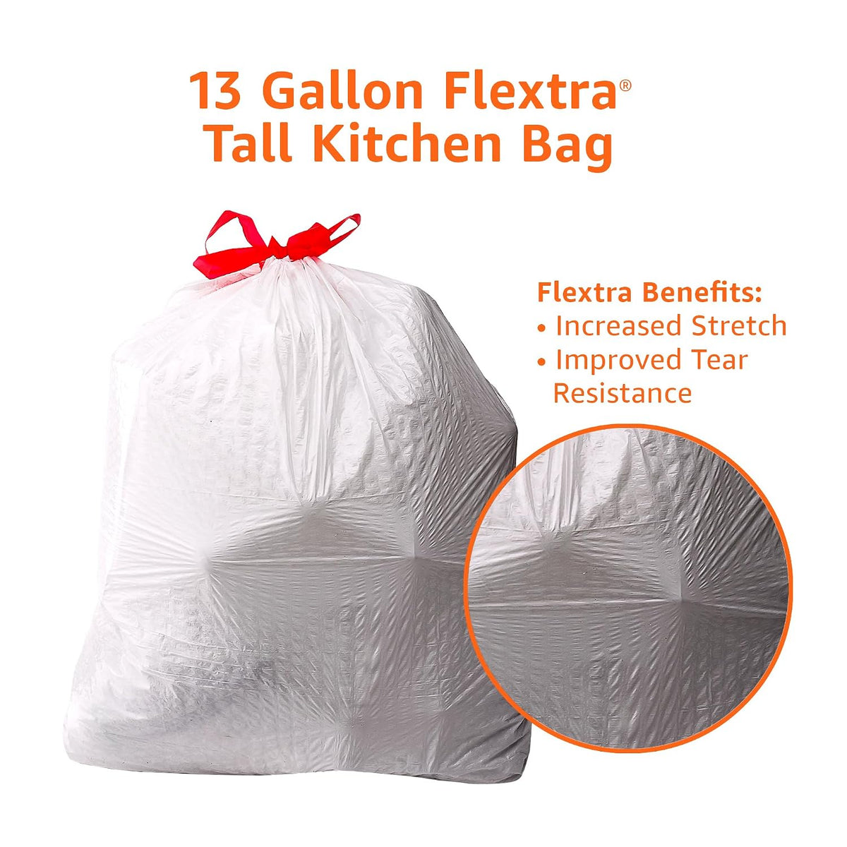 Amazon Basics 13 Gallon Flextra Strength Tall Kitchen Drawstring Trash Bags, Tear Resistant, 90 count
