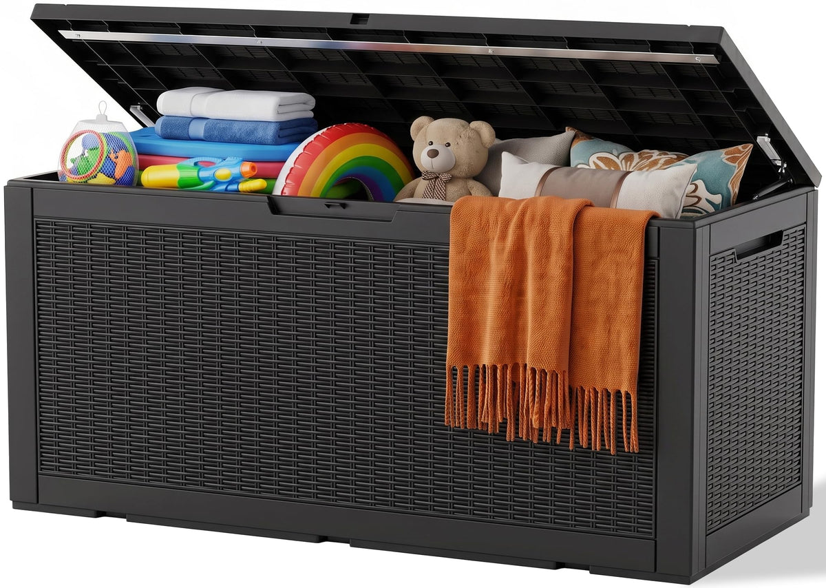 Outdoor Storage Box, 170 Gal Waterproof Resin Deck Box w/Support Rod