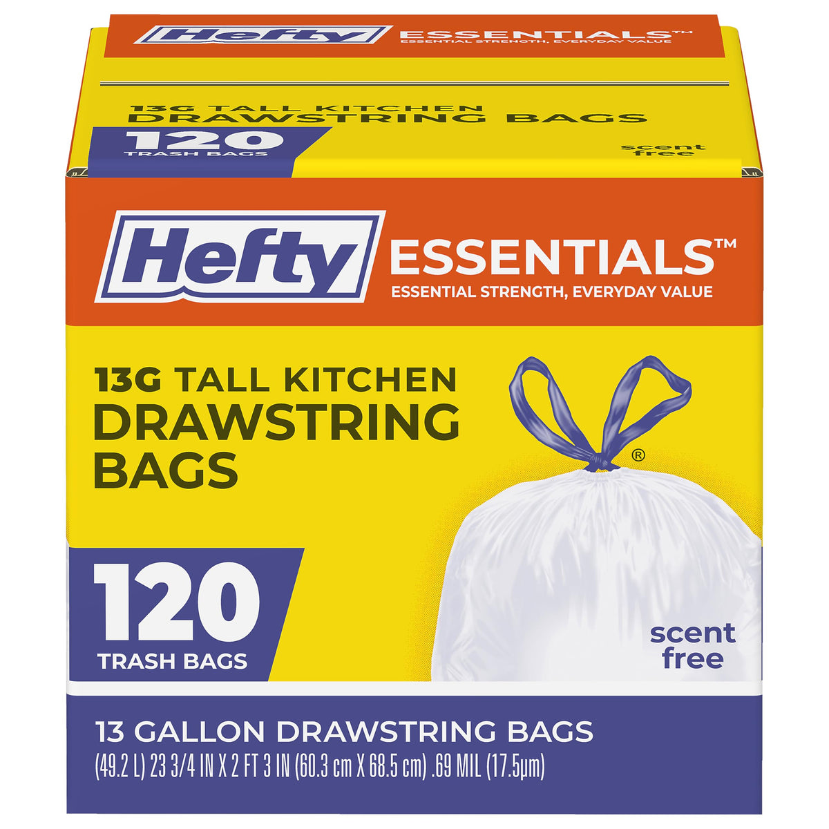 Hefty Essentials 13 Gallon Kitchen Trash Bags, White, Unscented, 45ct