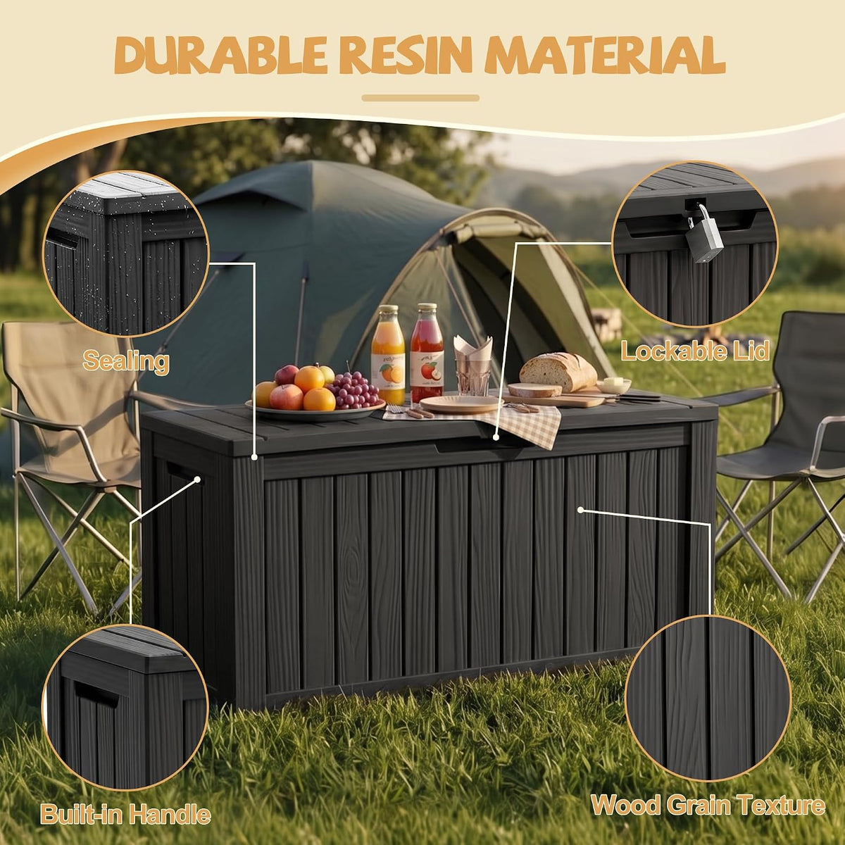 EFU Outdoor Storage Box, 150 Gal Gen 2 Resin Deck Box w/Gas Struts & Wheels
