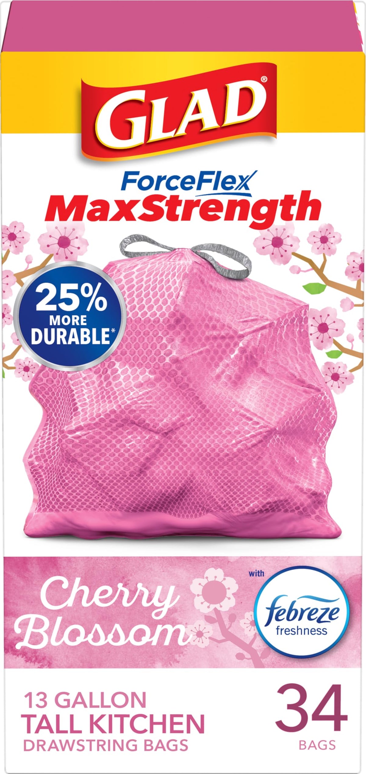 Glad Tall Kitchen Trash Bags 13 Gallon, MaxStrength Cherry Blossom Garbage Bags, Odorshield with Drawstring, 34 Count