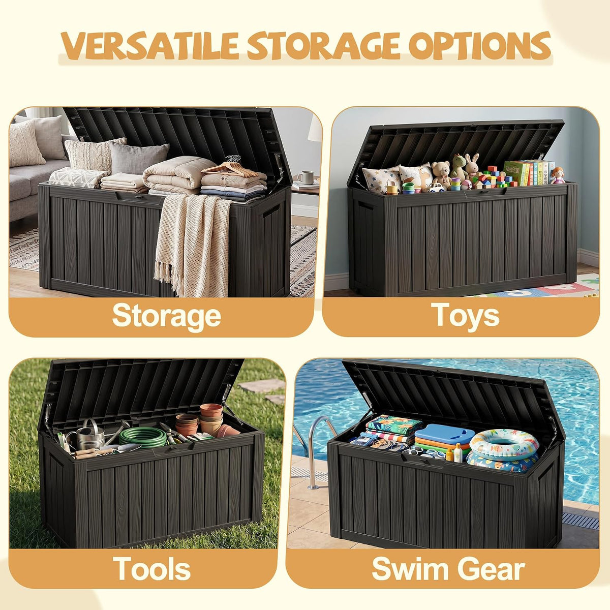 EFU Outdoor Storage Box, 150 Gal Gen 2 Resin Deck Box w/Gas Struts & Wheels