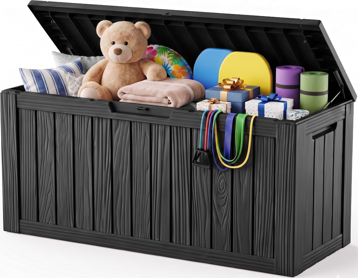 Outdoor Storage Box, 170 Gal Waterproof Resin Deck Box w/Support Rod