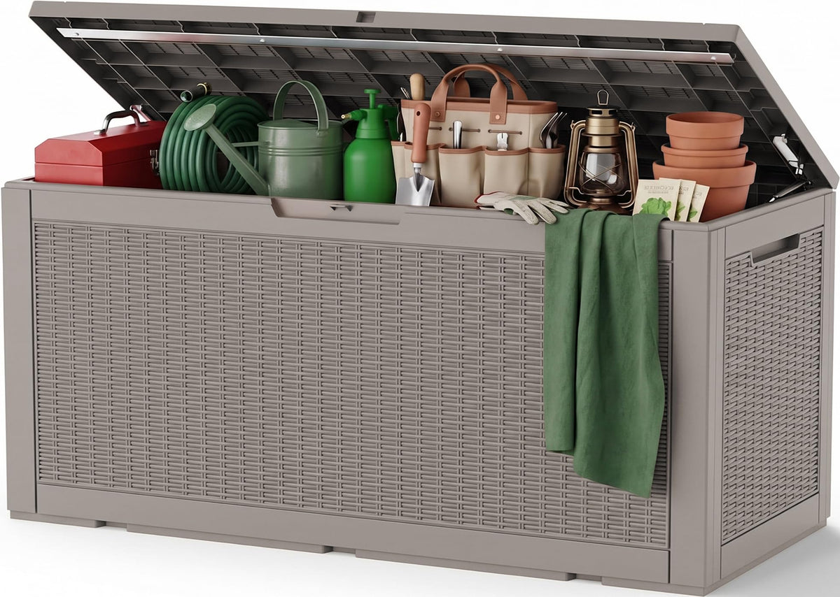 Outdoor Storage Box, 170 Gal Waterproof Resin Deck Box w/Support Rod