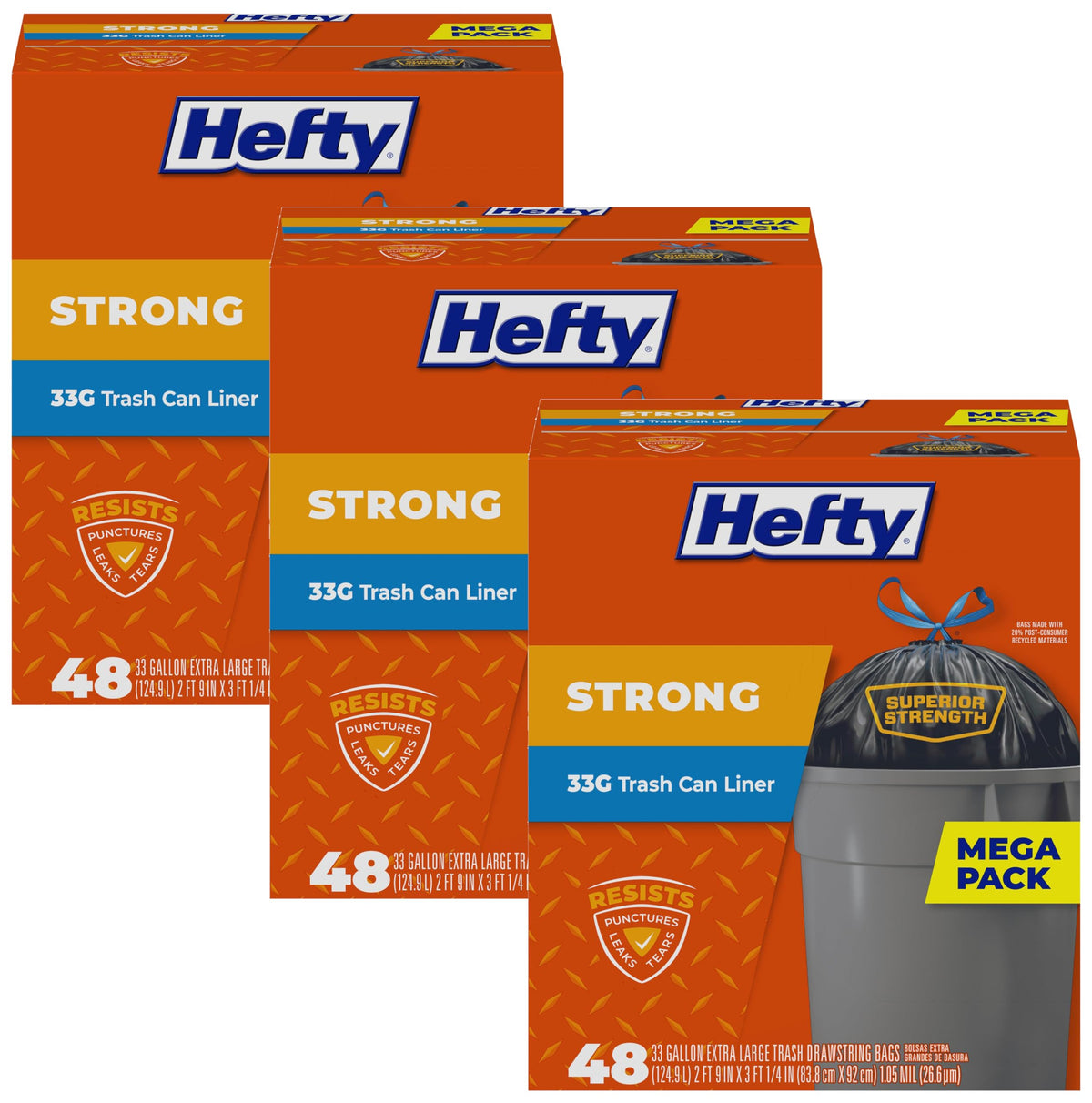 Hefty Strong 33 Gallon Trash Bags with Drawstrings, Black, Unscented, 48ct