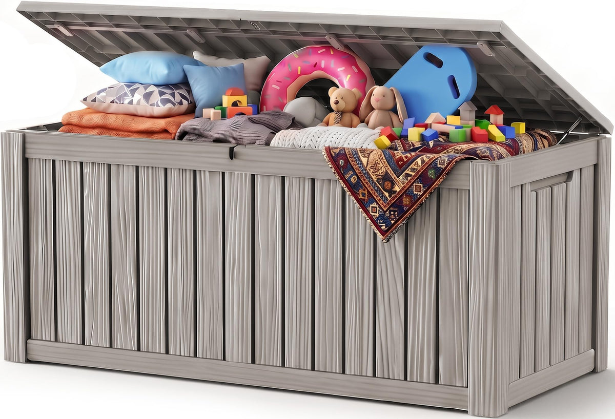 Outdoor Storage Box, 170 Gal Waterproof Resin Deck Box w/Support Rod