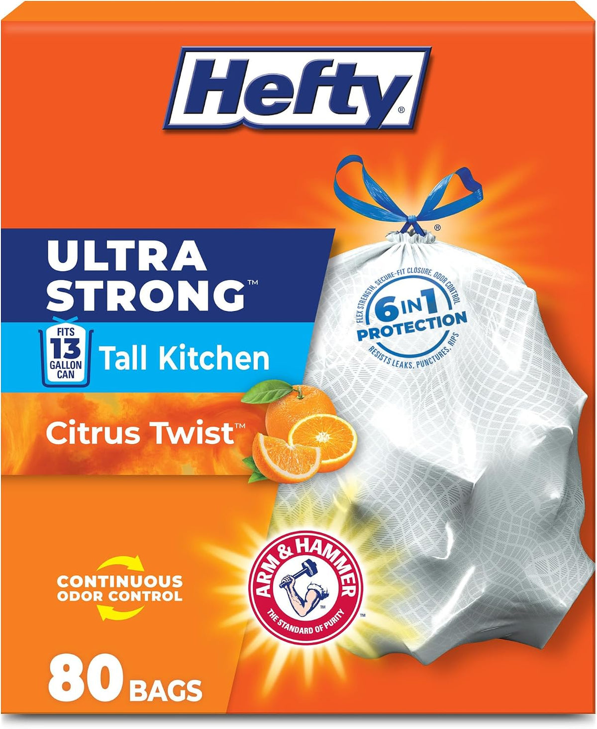 Hefty Ultra Strong 13 Gal Kitchen Trash Bags, White, Citrus Twist, 80ct