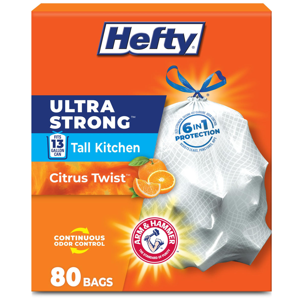 Hefty Ultra Strong 13 Gal Kitchen Trash Bags, White, Citrus Twist, 80ct