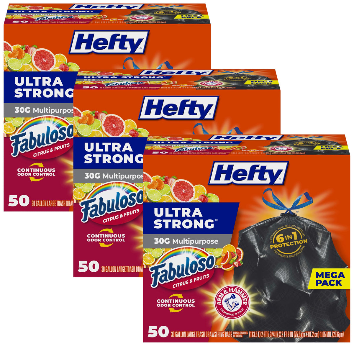 Hefty Ultra Strong 30 Gal Large Trash Bags, Black, Fabuloso Citrus, 50ct