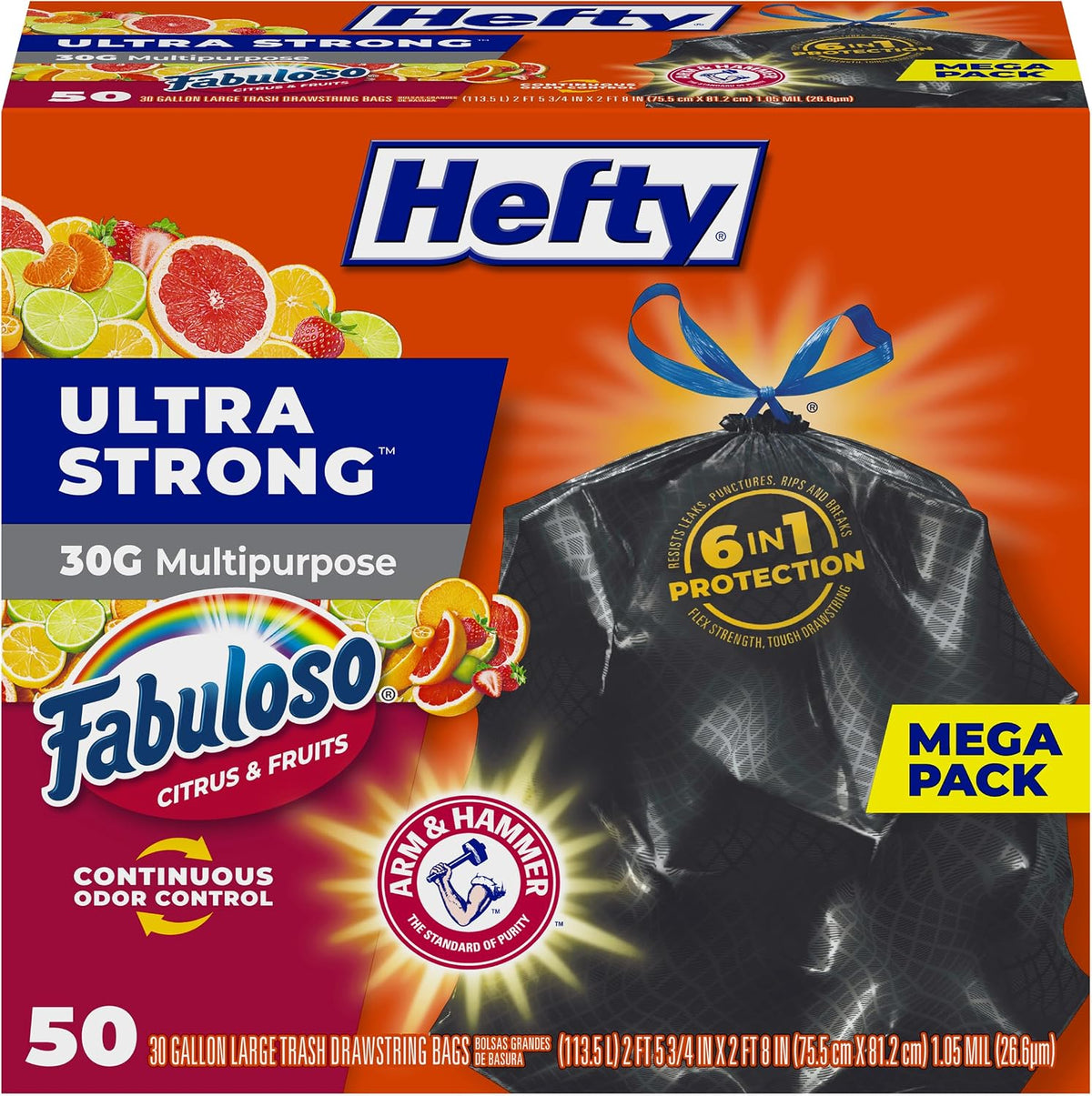 Hefty Ultra Strong 30 Gal Large Trash Bags, Black, Fabuloso Citrus, 50ct