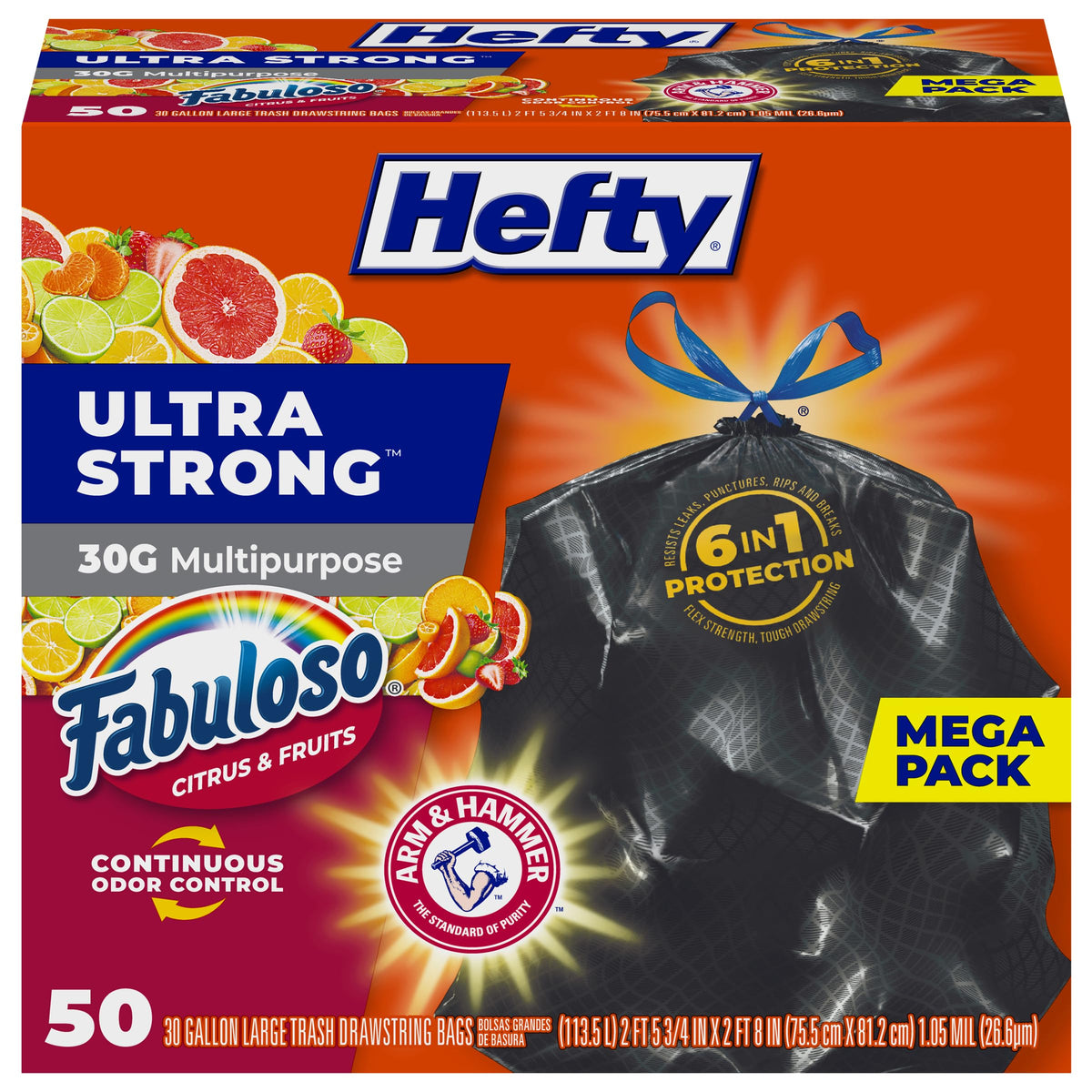 Hefty Ultra Strong 30 Gal Large Trash Bags, Black, Fabuloso Citrus, 50ct