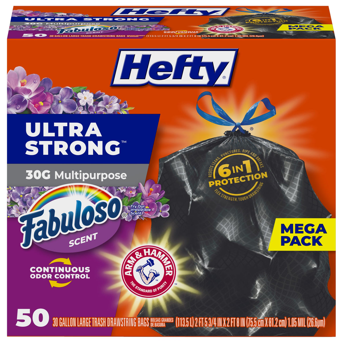 Hefty Ultra Strong 30 Gal Large Trash Bags, Black, Fabuloso Citrus, 50ct