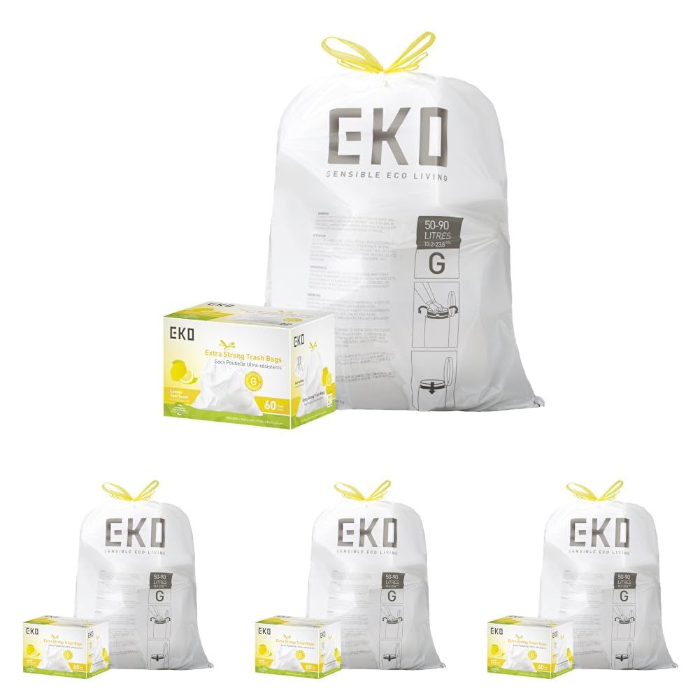 EKO 21 Gallon / 50-90 Liter, 60 Count Drawstring Trash Bags, Extra-Strong Unscented Garbage Bags, Easy-Dispense Roll for Kitchen & Household Use, Code G, White