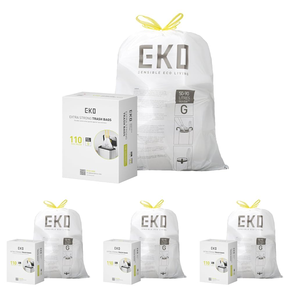 EKO 21 Gallon / 50-90 Liter, 60 Count Drawstring Trash Bags, Extra-Strong Unscented Garbage Bags, Easy-Dispense Roll for Kitchen & Household Use, Code G, White