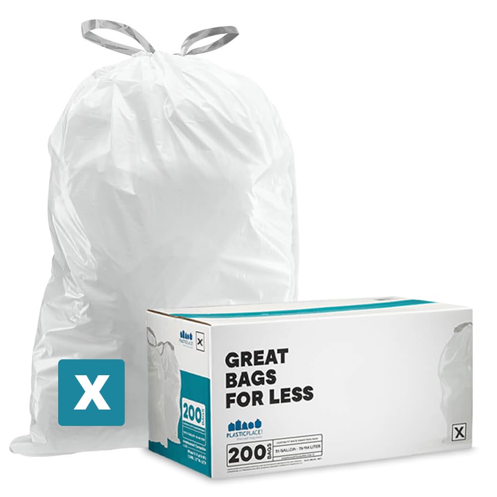 Plasticplace Custom Fit Trash Bags, Compatible with simplehuman Code X (100 Count) White Drawstring Garbage Liners 21 Gallon/ 80 Liter, 26" x 24.5"