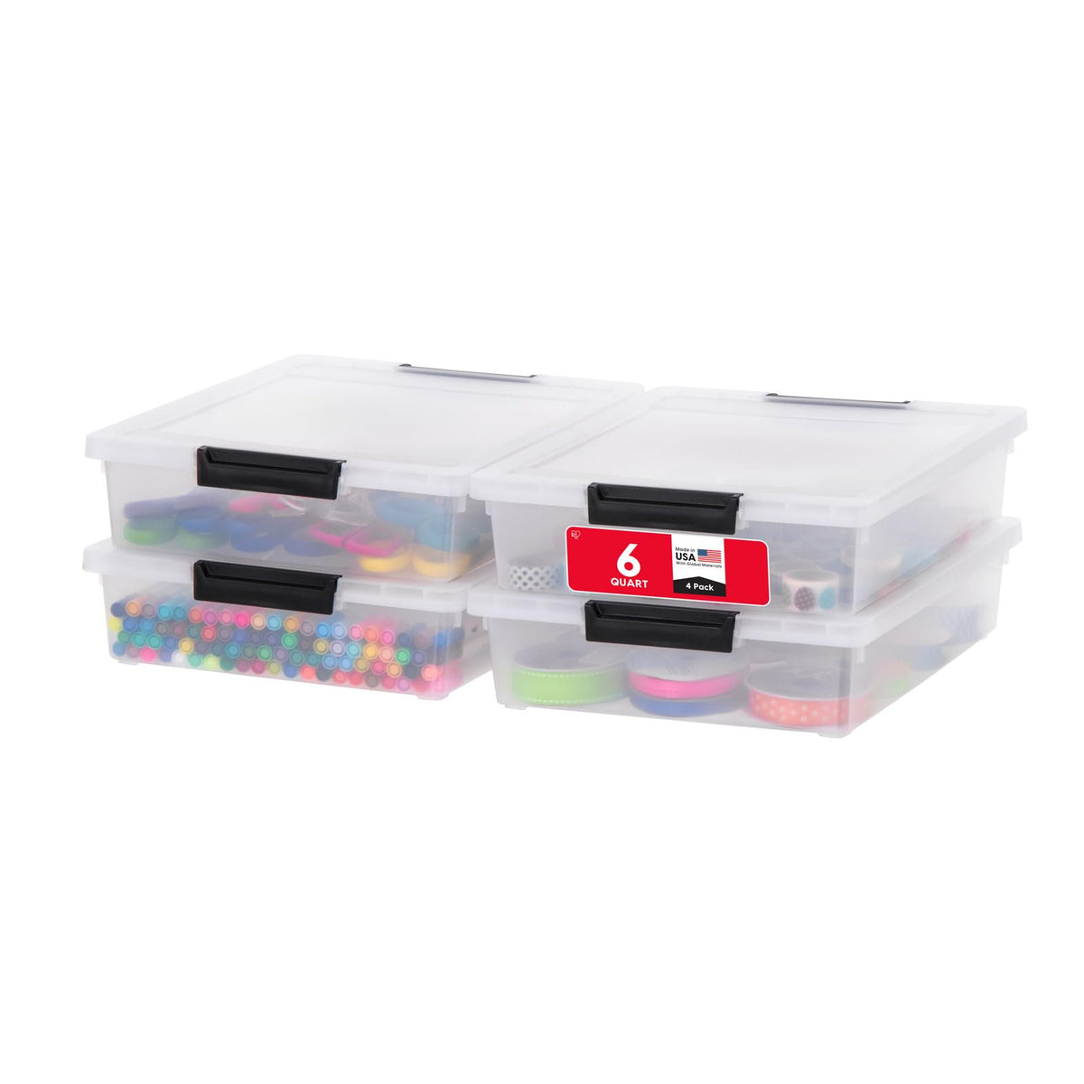 IRIS USA 4-Pack 12 Qt Storage Bins with Lids, Plastic Box, Clear/Black