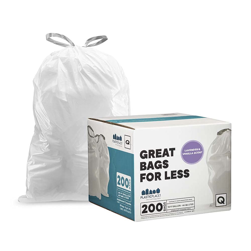 Plasticplace Custom Fit Trash Bags Compatible with simplehuman Code Q (200 Count) Drawstring Garbage Bags 13-17 Gallon White, Tear-Resistant Tall Kitchen Trash Bags for Garbage Cans Recycling 1.2 Mil
