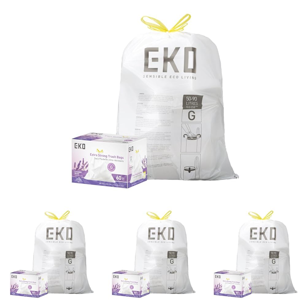 EKO 21 Gallon / 50-90 Liter, 60 Count Drawstring Trash Bags, Extra-Strong Unscented Garbage Bags, Easy-Dispense Roll for Kitchen & Household Use, Code G, White