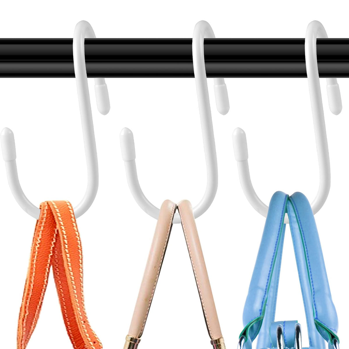 HiGift 8 Pack Purse Hanger for Closet, Vinyl Coated Unique Twist Design Black Bag Hanger Hooks, 5 Inch Large Closet Rod Home Storage Hooks Purse Organizer for Hanging Handbags, Belts, Hat, Backpack