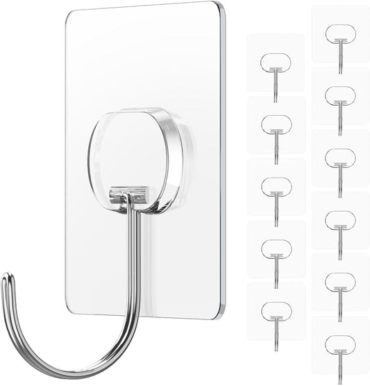 Adhesive Wall Hooks No Drill Large Clear Heavy Duty,13LB Sticky 12 Pack