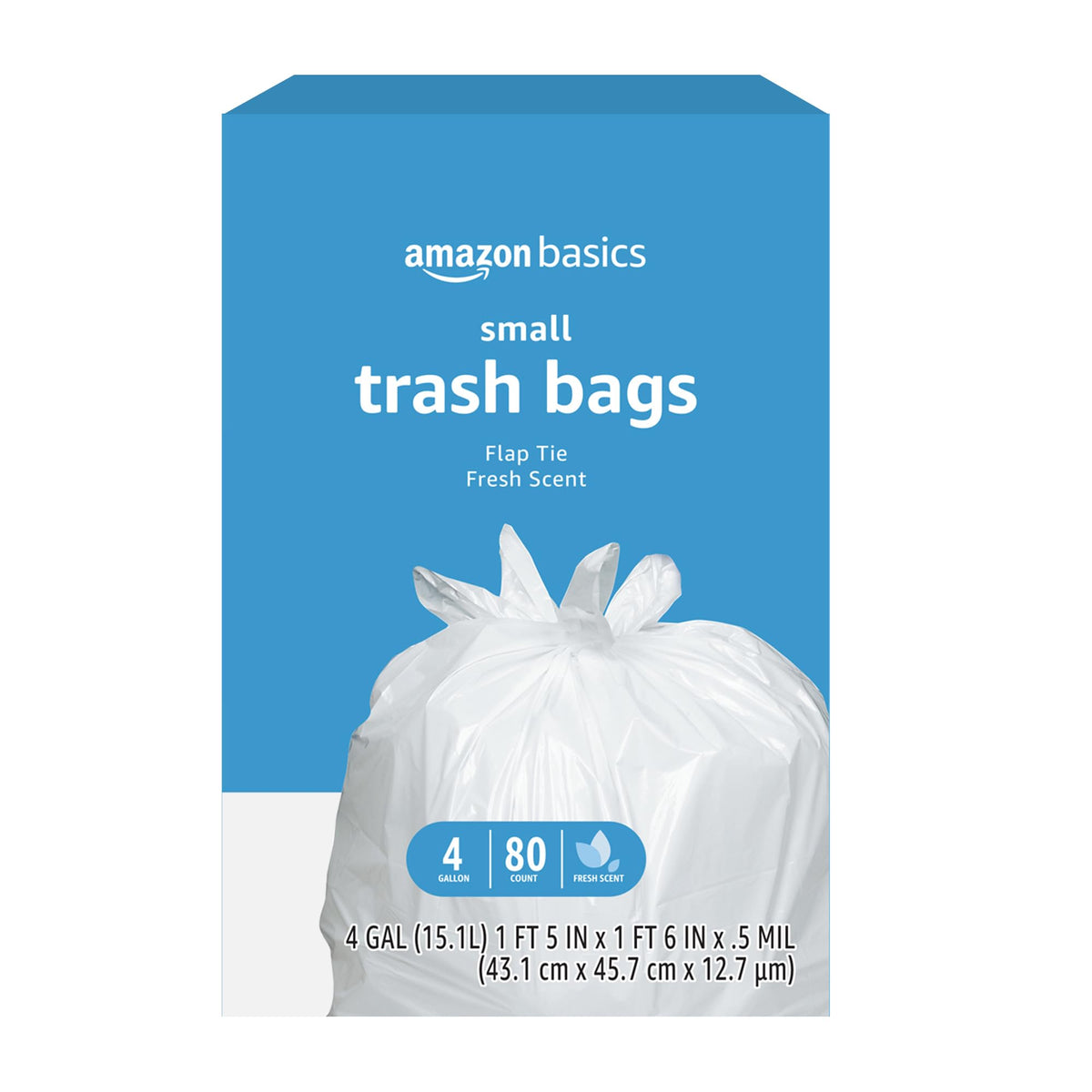 Amazon Basics Small 4 Gallon Trash Bags with Flap Ties, Fresh Scent, Odor Control, 0.5 mil Thick, 80 Count