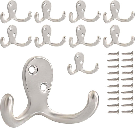 CBWLWJ 10 Pack Coat Hooks Wall Hooks for Hanging, Heavy Duty Double Prong Metal Hook Wall Mounted for Living Room, Bathroom, Kitchen, Bedroom for Coat, Bag, Scarf, Towel, Hat, Key, Cup (Silver)