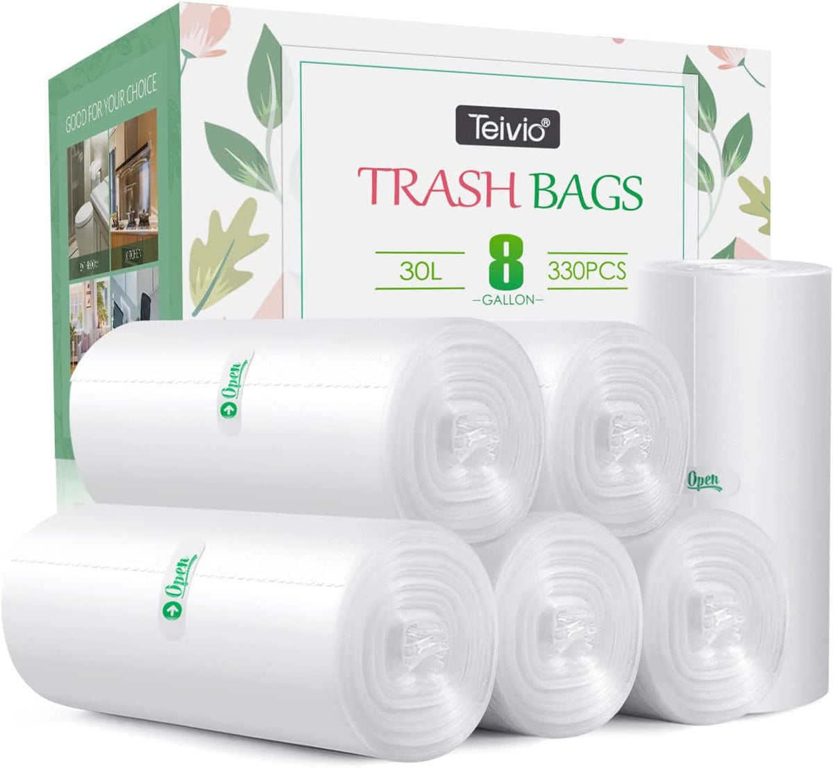 Teivio Medium Clear Trash Bags 8 Gallon 330 Count Kitchen Garbage Bags