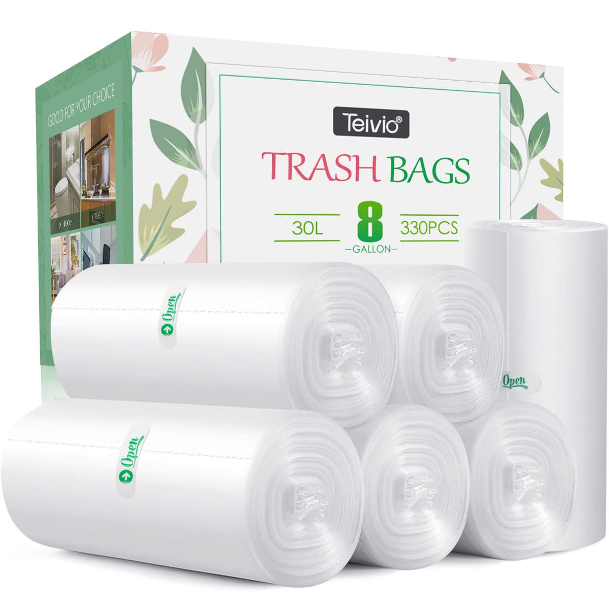 Teivio Medium Clear Trash Bags 8 Gallon 330 Count Kitchen Garbage Bags