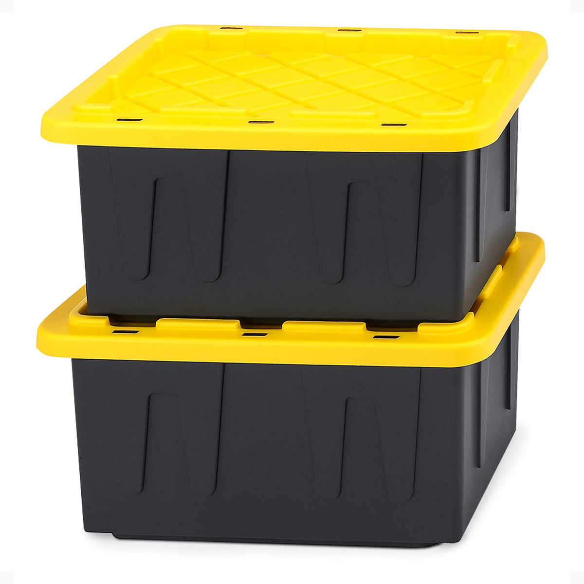 HOMZ Durabilt Plastic Storage Bins with Lids, 15 Gal, Black/Yellow, 2 Pack
