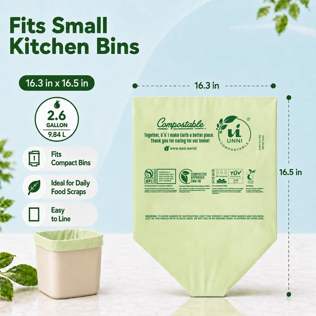 UNNI 2.6 Gallon Compostable Bags, 100 Count, 10 Liter, Extra Thick 0.71 Mil