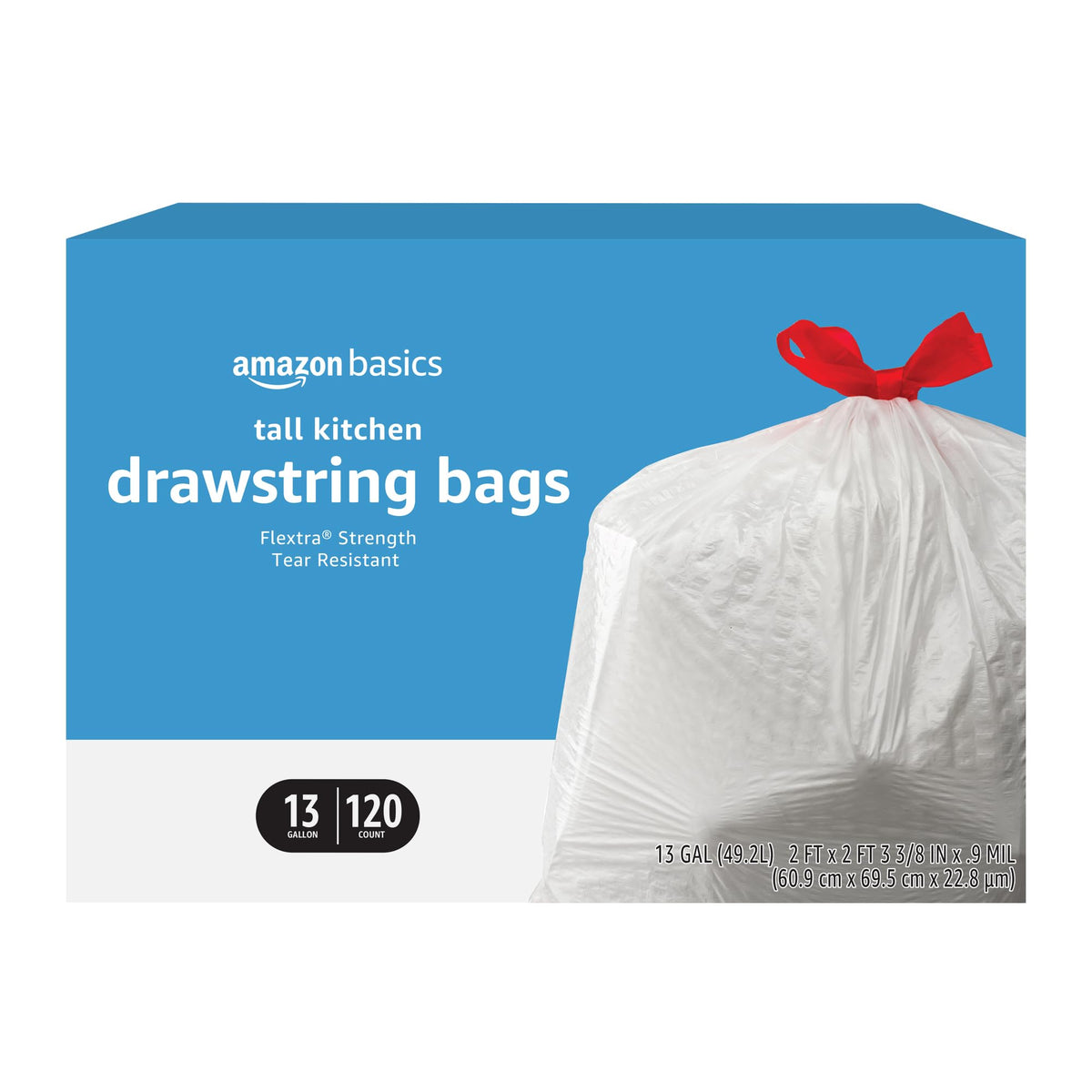 Amazon Basics Flextra Strength Tall Kitchen Drawstring Trash Bags, Fresh Scent, Tear Resistant, 13 Gallon, 120 Count