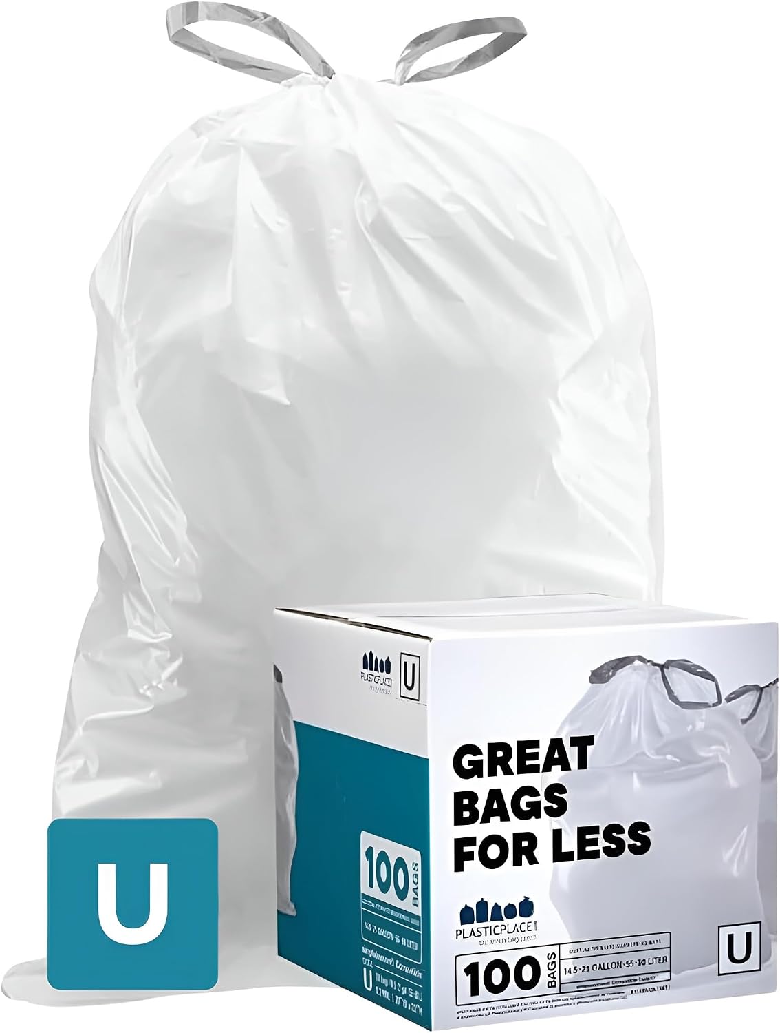 Plasticplace Custom Fit Trash Bags, Compatible with simplehuman Code U (100 Count) White Drawstring Garbage Liners 14.5-21 Gallon/ 55-80 Liter 26.5" x 32"