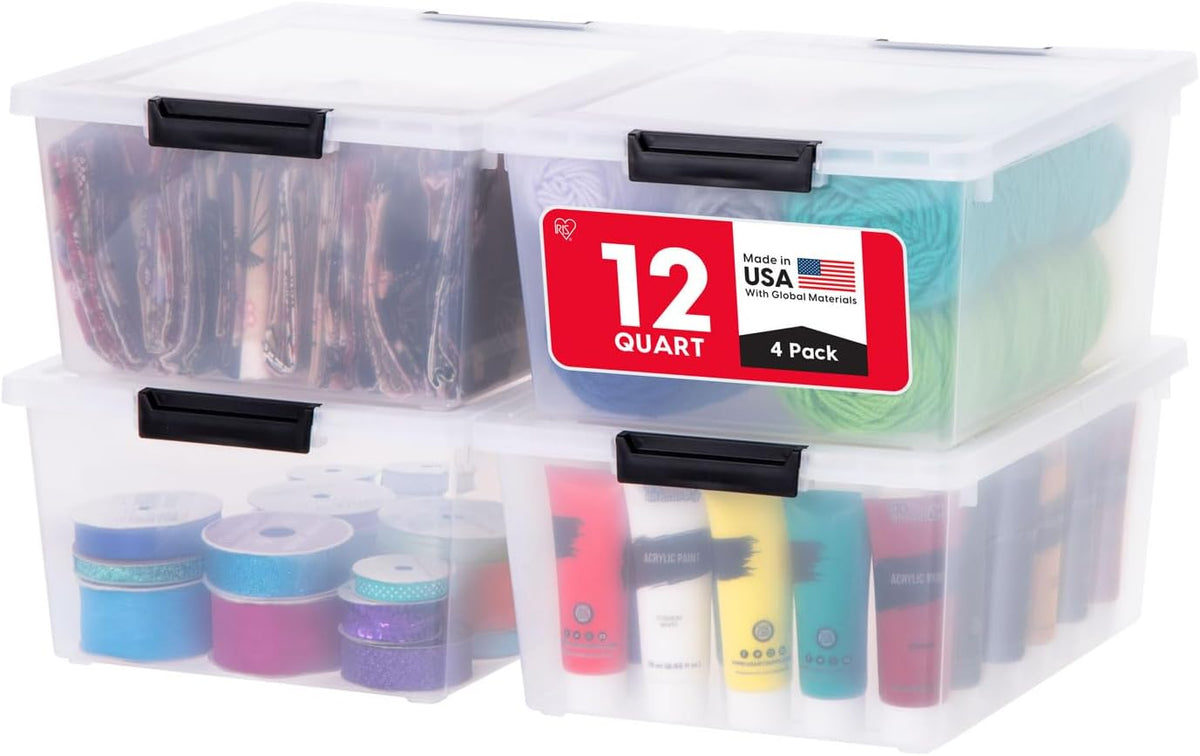 IRIS USA 4-Pack 12 Qt Storage Bins with Lids, Plastic Box, Clear/Black