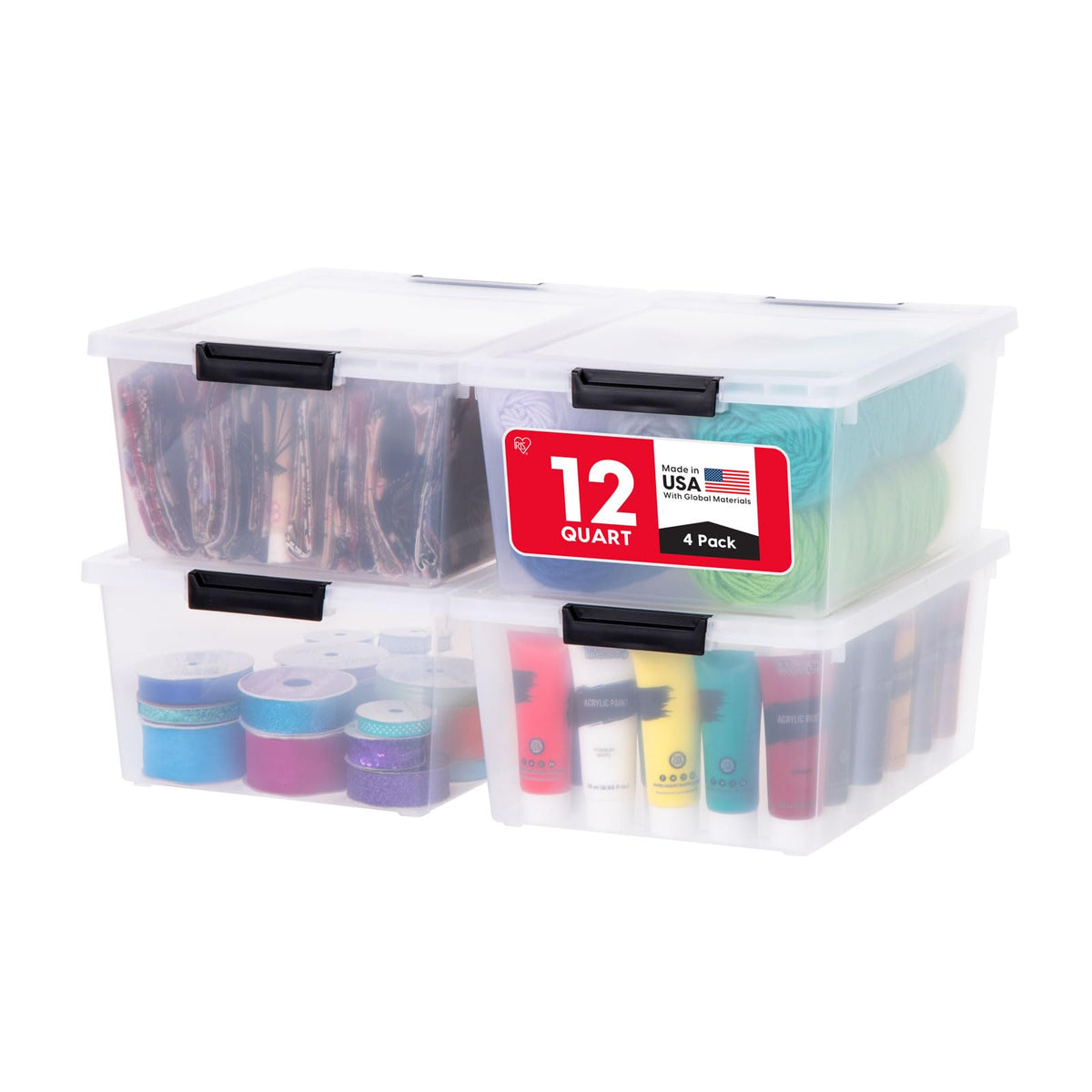 IRIS USA 4-Pack 12 Qt Storage Bins with Lids, Plastic Box, Clear/Black