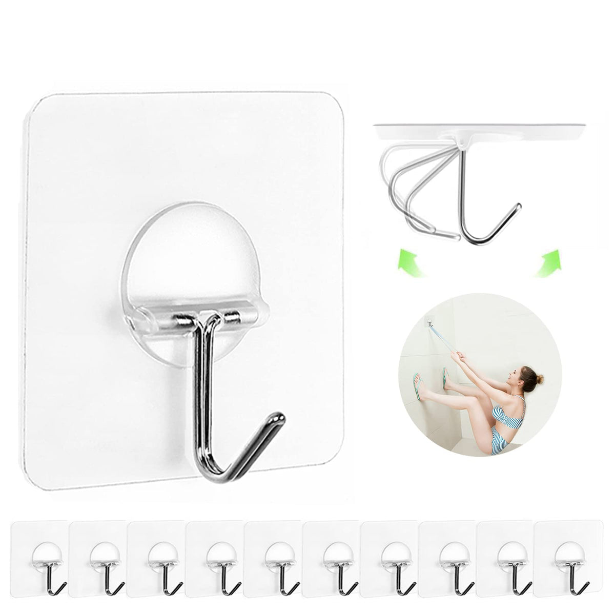 Adhesive Wall Hooks No Drill Large Clear Heavy Duty,13LB Sticky 12 Pack