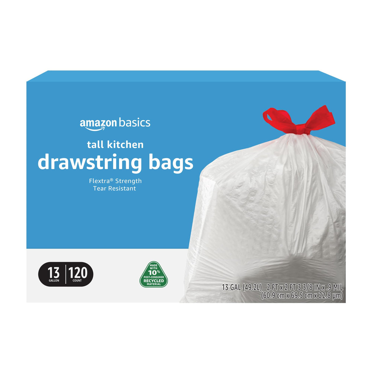 Amazon Basics 13 Gallon Tall Kitchen Drawstring Trash Bags, Flextra Strength, Tear Resistant, 10% Post Consumer Recycled, 90 Count, White