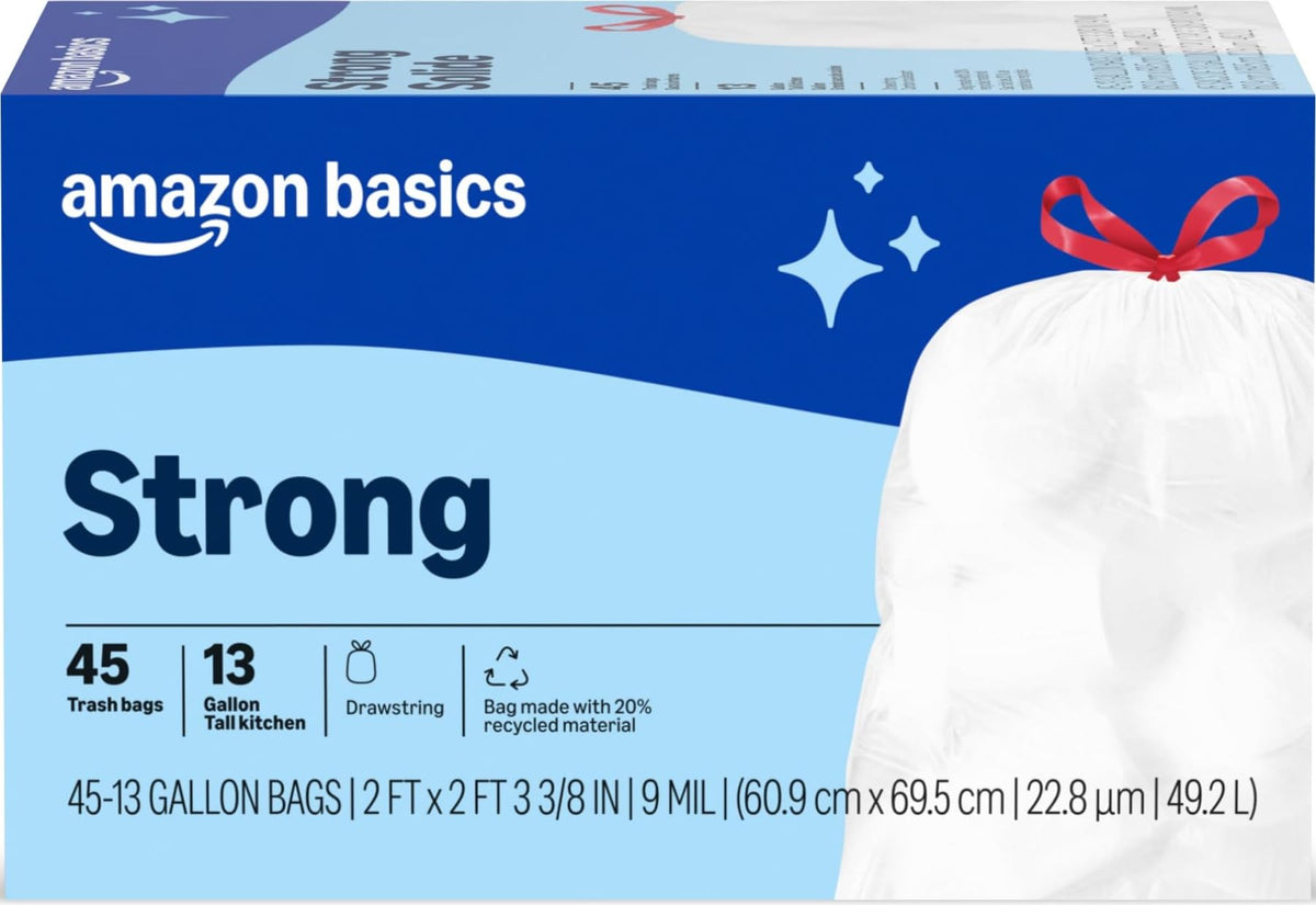 Amazon Basics Trash Bags, Tall Kitchen Drawstring, Unscented, 13 Gallon, 200 Count, Pack of 1, Packaging May Vary