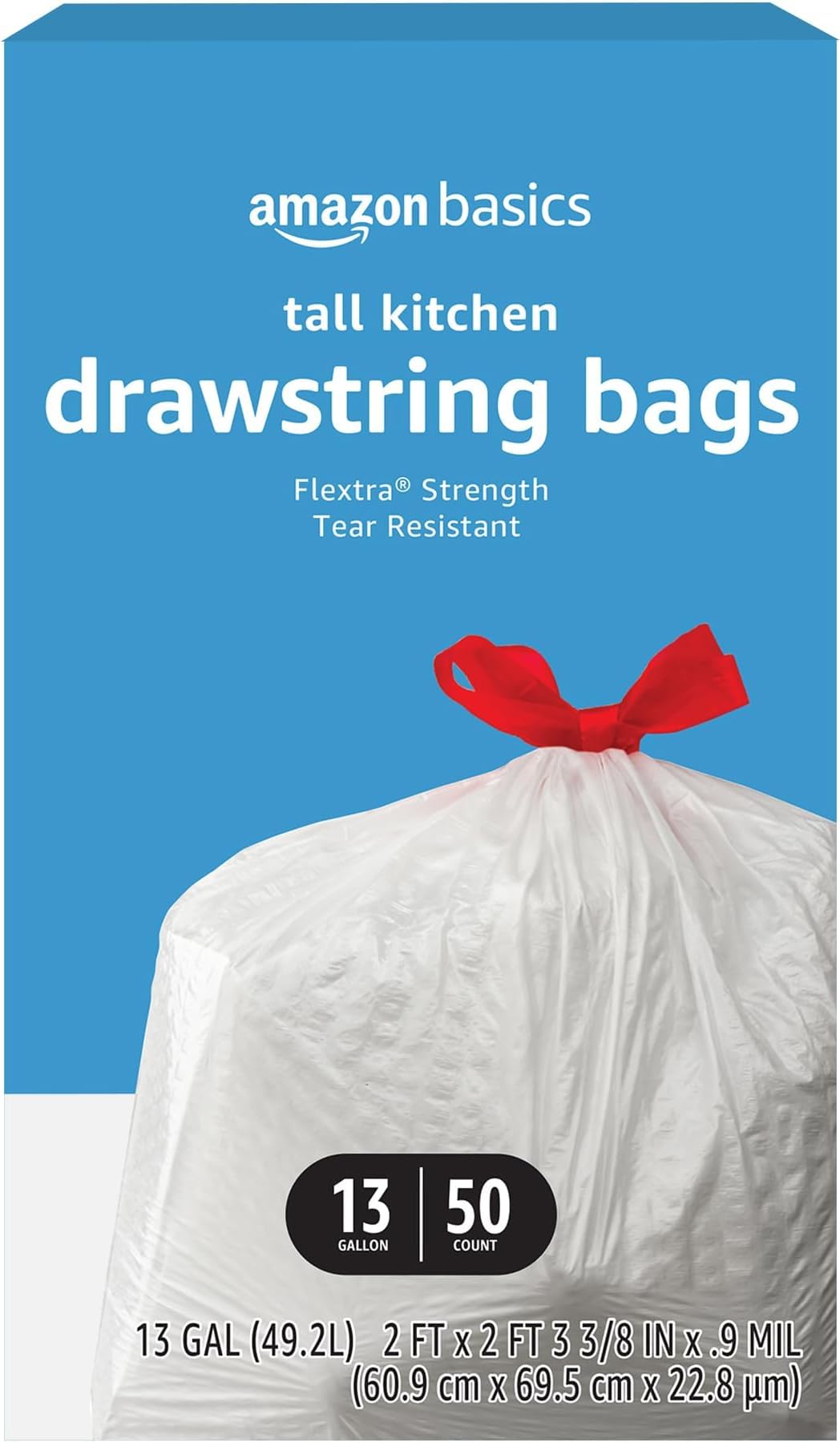 Amazon Basics 13 Gallon Flextra Strength Tall Kitchen Drawstring Trash Bags, Tear Resistant, 90 count
