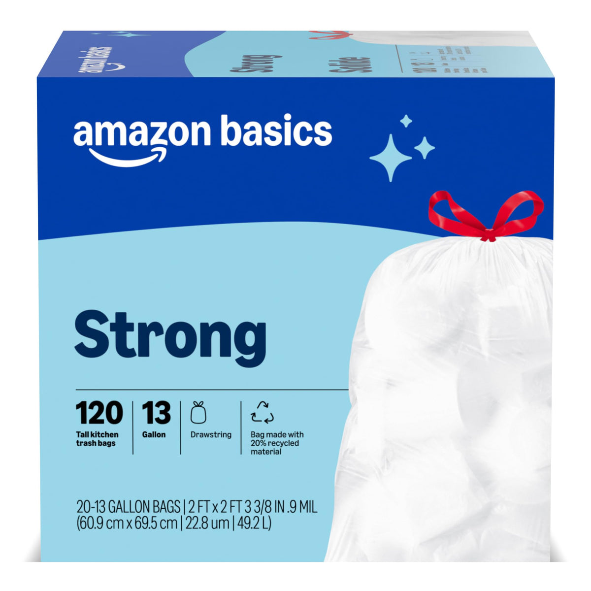 Amazon Basics Trash Bags, Tall Kitchen Drawstring, Unscented, 13 Gallon, 200 Count, Pack of 1, Packaging May Vary
