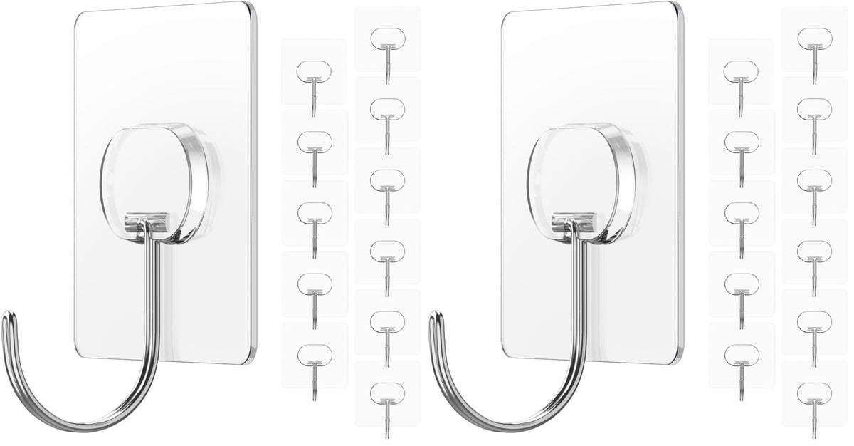 Adhesive Wall Hooks No Drill Large Clear Heavy Duty,13LB Sticky 12 Pack