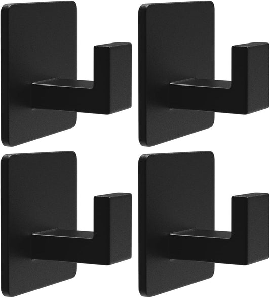 VAEHOLD 4 Pack Adhesive Towel Hooks, Heavy Duty Wall Hooks Aluminum Hooks Stick on Door, Kitchen, Bathroom for Hanging Coat, Hat, Towel, Robe, Clothes (Black)