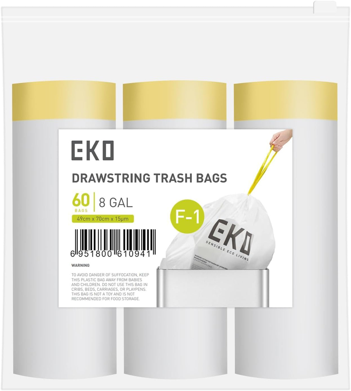 EKO 21 Gallon / 50-90 Liter, 60 Count Drawstring Trash Bags, Extra-Strong Unscented Garbage Bags, Easy-Dispense Roll for Kitchen & Household Use, Code G, White