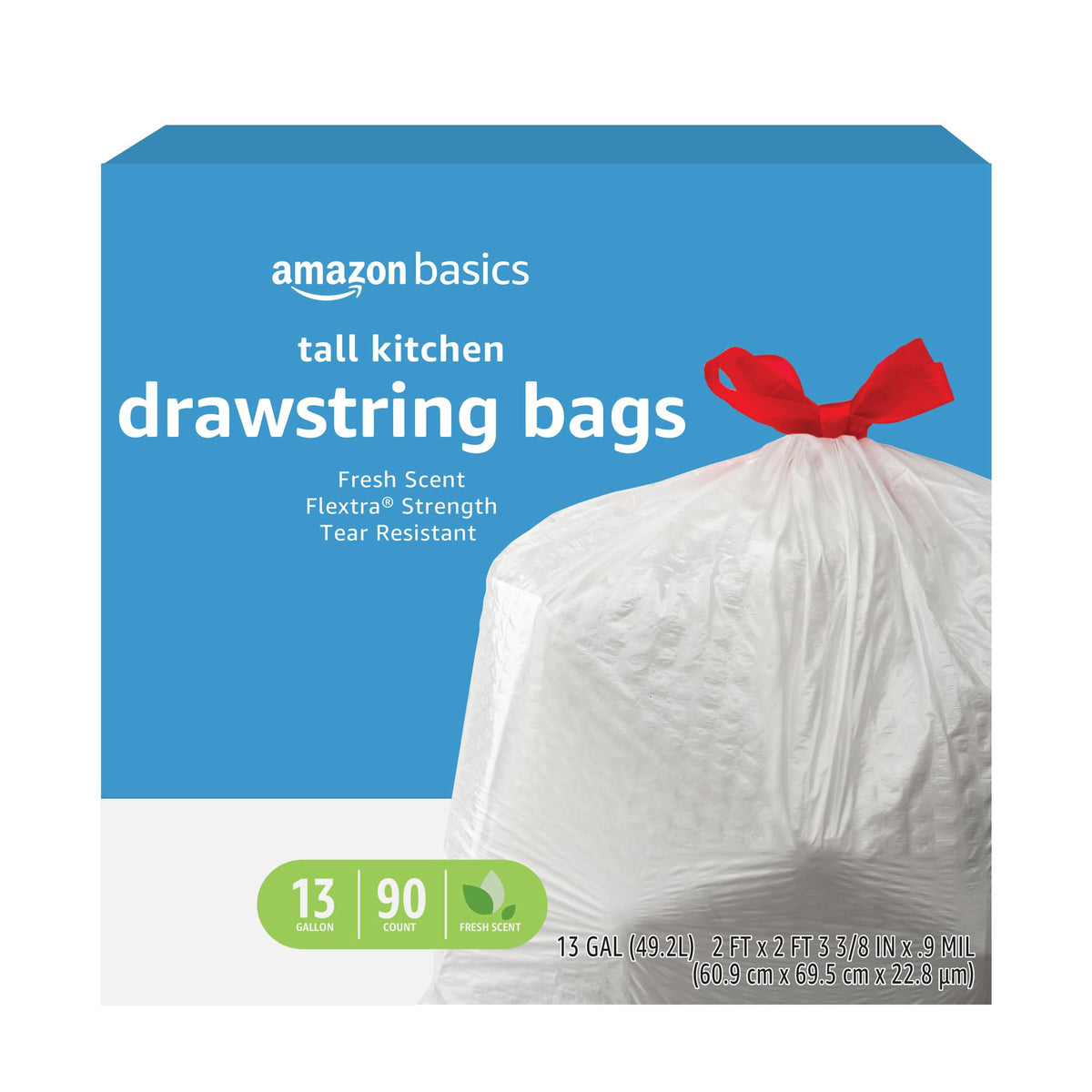 Amazon Basics Flextra Strength Tall Kitchen Drawstring Trash Bags, Fresh Scent, Tear Resistant, 13 Gallon, 120 Count