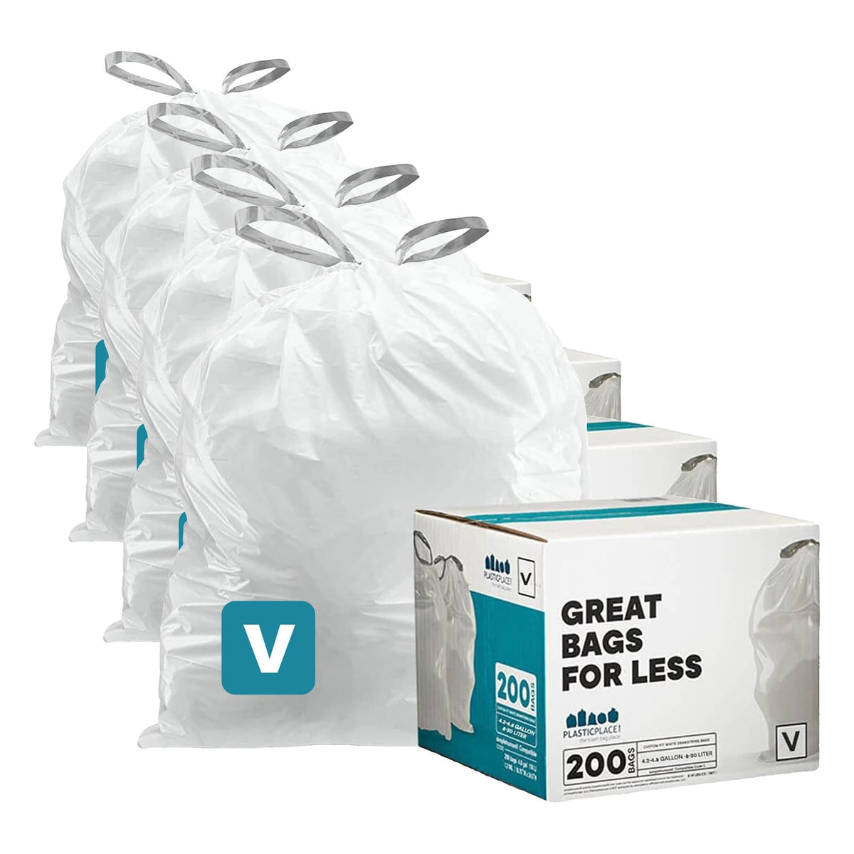 Plasticplace Custom Fit Trash Bags, Compatible with simplehuman Code V (200 Count) White Drawstring Garbage Liners 4.2-4.8 Gallon/ 16-18 Liter, 14.5" x 27.5"