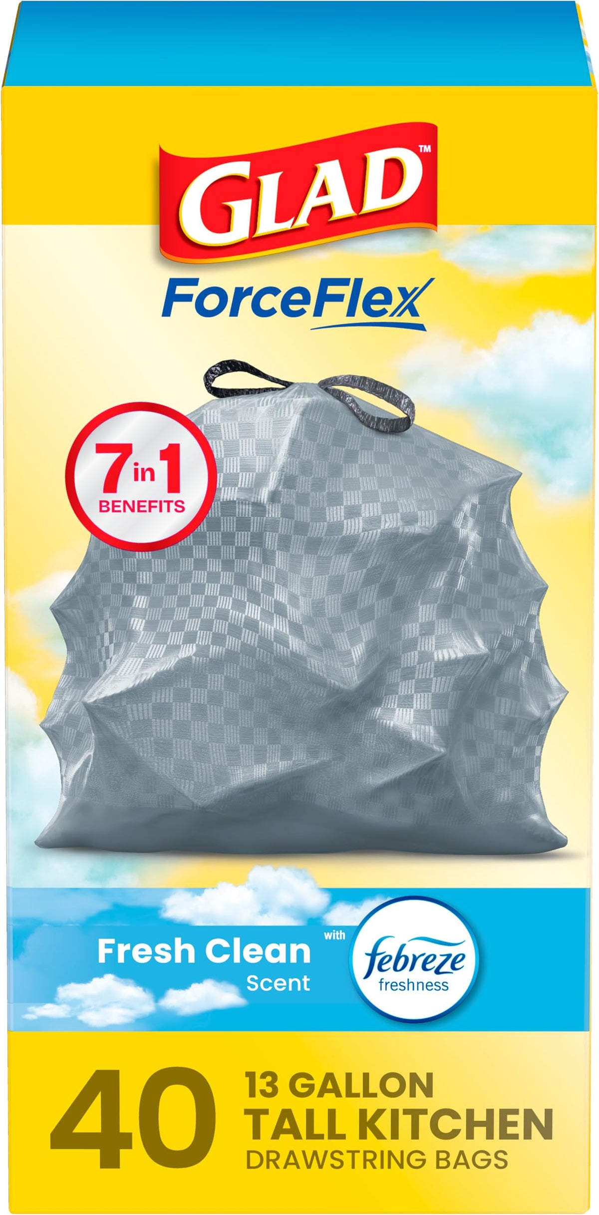 Glad Tall Kitchen Drawstring Trash Bags - Odorshield 13 Gallon White Trash Bag, Febreze Fresh Clean, 110 Count