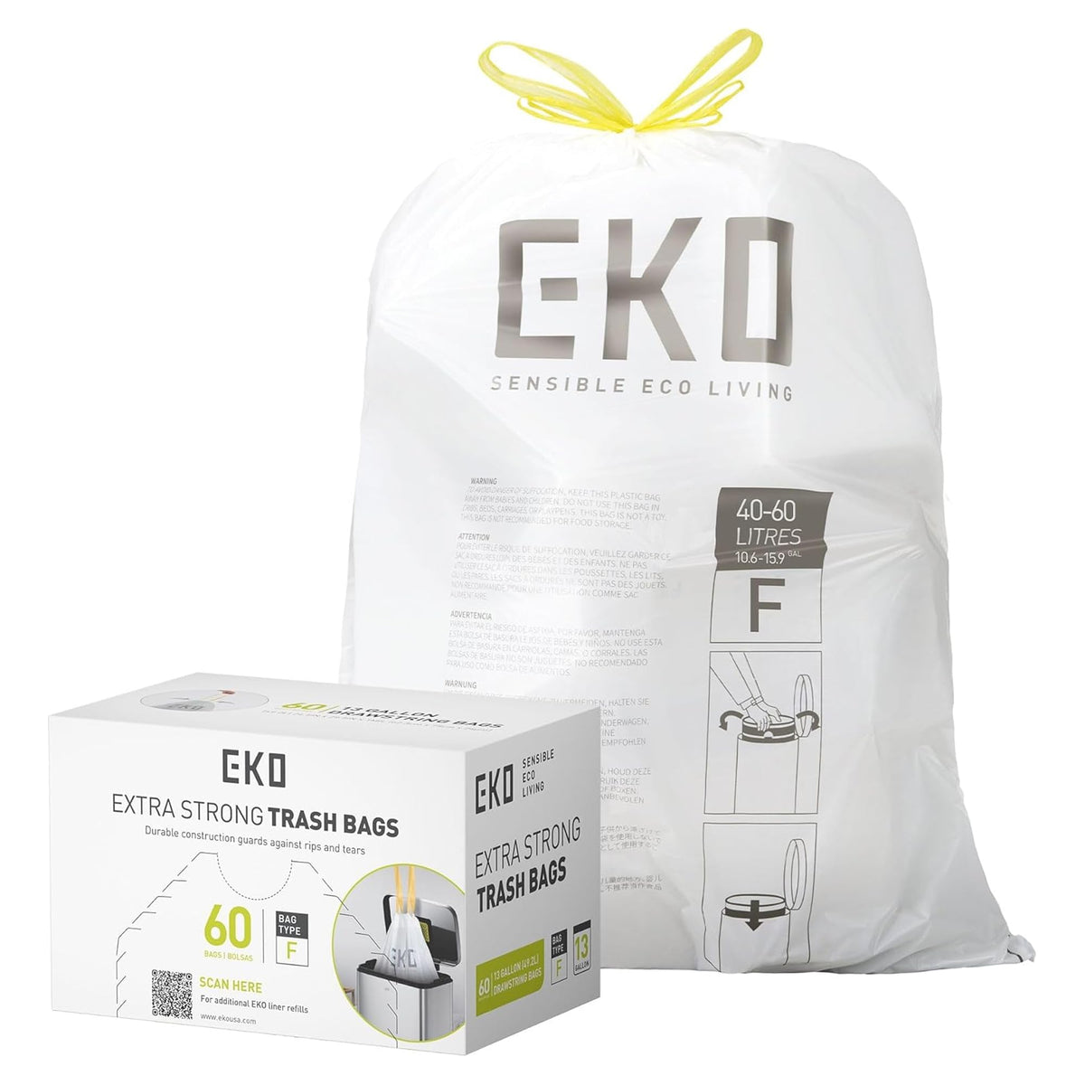 EKO 21 Gallon / 50-90 Liter, 60 Count Drawstring Trash Bags, Extra-Strong Unscented Garbage Bags, Easy-Dispense Roll for Kitchen & Household Use, Code G, White