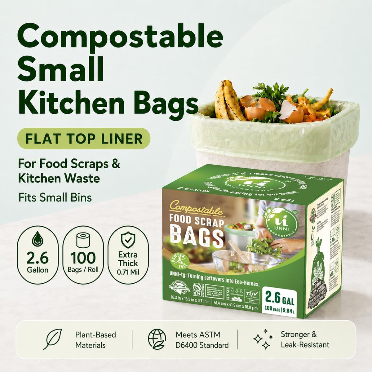 UNNI 2.6 Gallon Compostable Bags, 100 Count, 10 Liter, Extra Thick 0.71 Mil